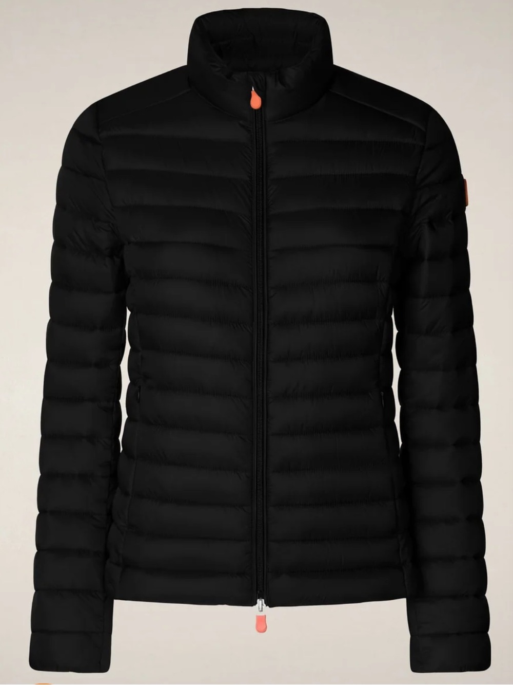 SAVE THE DUCK Women's Carly Black Puffer Jacket with Orange Accents NWT